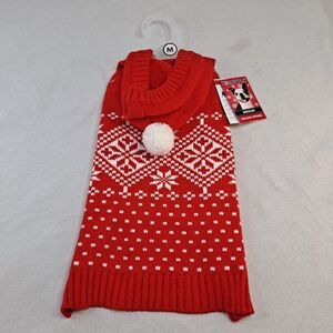 Simply Dog Christmas Sweater Size M Pom Pom Hooded Snowflake Red/White